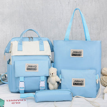 5Pcs set Women Backpack Canvas Waterproof School Bags For Teenage Girls Kawaii Doll Student Shoulder Bag New Female Backpack